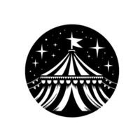 Black and white circular illustration of a circus tent under a starry night, with banner flags and stylized stars. vector