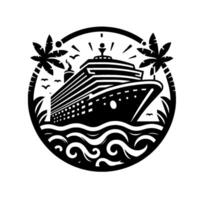 Stylized Black and White Cruise Ship in Circle with Palm Trees, Birds and Waves, Ideal for Travel. vector