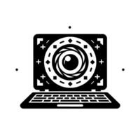 Black and white stylized laptop silhouette with a central camera lens , symbol of technology and surveillance. vector