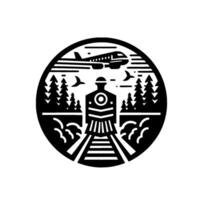 A black and white circular illustration featuring a vintage train on tracks, an airplane overhead, birds, trees, and a stylized forest scene. vector