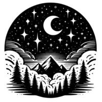 Serene Black and White Nightscape Crescent Moon, Starry Sky, Forested Mountains Encircled in a Celestial Frame. vector