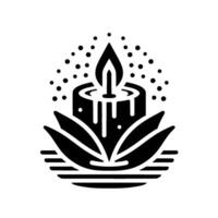 A stylized black and white candle , depicting a lotus flower base, melting wax, and a flame with dots. vector