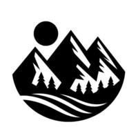 A stylized black and white illustration of a mountain range with a rising sun, evergreen trees, and a flowing river, creating a serene landscape. vector