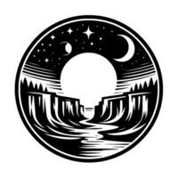 A circular black and white illustration depicting a starry night sky over a canyon landscape with trees and a river, framed within an emblem. vector