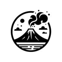A minimalistic black and white circular illustration of a volcano erupting with smoke, surrounded by stylized clouds, sun, and water. vector