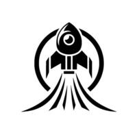 Modern Black and White Rocket Launch , Bold Silhouette Within a Circular Frame, Representing Space Exploration vector