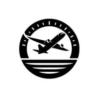 Black and white aviation featuring an airplane taking off, with clocklike ring, above horizontal lines, minimalist . vector