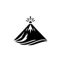 A minimalist black and white volcano depicting an eruption with stylized mountain and lava, radiating bursts above. vector