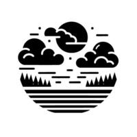 A minimalist black and white circular landscape featuring clouds, a sun, horizon lines, and sharp, stylized grass elements. vector