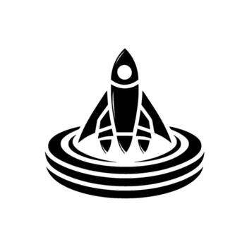 negro y blanco cohete Embarcacion centrado encima concéntrico circular en forma de onda patrón, simple, moderno , en un blanco antecedentes. vector