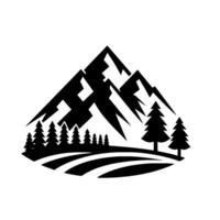 A monochrome geometric illustration of a mountain range with trees, landscape, and stylized features against a white backdrop. vector
