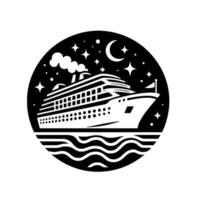 A stylized, circular black and white illustration of a cruise ship sailing under a starlit night sky with a crescent moon, evoking a sense of travel and adventure. vector