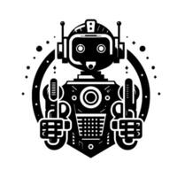 Monochromatic Robot Illustration RetroFuturistic with Circle Frame, Arms Raised, and Cheerful Expression. vector