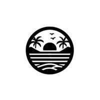 Circular, minimalist black and white beach scene, featuring a sunset, palm trees, ocean waves, and three birds in flight, evoking a sense of tranquility and natural beauty. vector