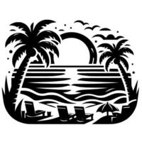 Silhouette of a tropical beach scene palm trees framing a sunset over the sea, with lounge chairs on the sand. vector