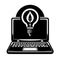 Ecofriendly Tech Laptop with a lightbulb displaying a leaflike , symbolizing sustainable innovation and digital creativity. vector