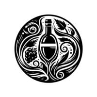 Intricate Black and White Wine Bottle Inside a Circular Border with Grapevine Motifs, Suggesting Elegance and Tradition. vector