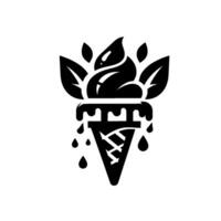 Artistic black and white ice cream cone with stylized leaves, melting top, and dripping drops on a white background. vector