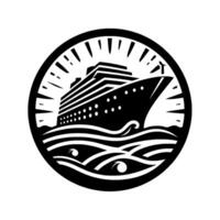 A bold black and white circular featuring a cruise ship sailing on stylized waves within a decorative border. vector
