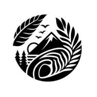 Black and White Circular Nature Mountain, Waves, Trees, Birds, Leaves, and Sun Symbolizing Wilderness and Serenity. vector