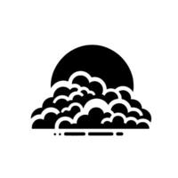 Minimalist Black and White Cloudscape Silhouette Depicting Sun Behind Puffy Clouds, Abstract, Aesthetic. vector
