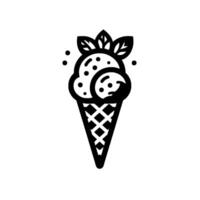 Minimalist Black and White Illustration of Ice Cream Cone with Mint Sprig and Dotted Ice Cream Scoop Delight vector
