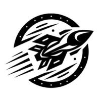 Black and white stylized rocket ship bursting from a dotted circle, evoking a sense of speed and ambition in a minimalist . vector