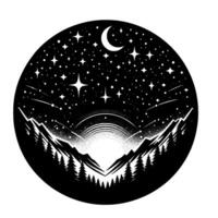 A celestial monochrome scene within a circle, featuring starry night skies, crescent moon, mountain range, pine trees, and glowing horizon. vector