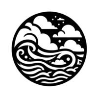 Abstract circular of stylized ocean waves and clouds in a black and white, minimalistic aesthetic, evoking a sense of calm and natural harmony. vector