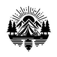 Minimalist Black and White Camping Scene Tent, Mountains, Sunburst, Campfire, and Reflections in a Circular Composition vector