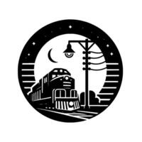 Black and white circular featuring a train, railroad tracks, a streetlight, crescent moon, and stars, conveying a night journey vibe. vector
