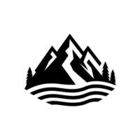 Stylized black and white mountain , with three peaks, pine trees, and stylized water waves, evoking a sense of adventure and nature. vector