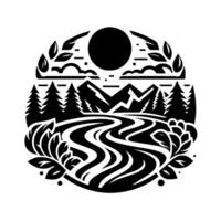Serene Circle Black and White Illustration of a Mountainous Landscape with a Flowing River, Sun, Trees, and Foliage. vector