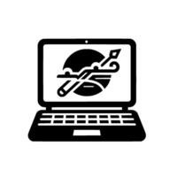 A sleek black laptop displaying a minimalist of an arrow piercing a globe, possibly representing global strategy. vector