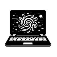 A black and white illustration of a laptop displaying a stylized swirling galaxy with stars, creating a futuristic digital space. vector