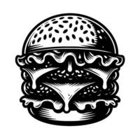 Bold Black and White Illustration of a Classic, Juicy Hamburger with Sesame Seeds and Dripping Sauce on White Background. vector