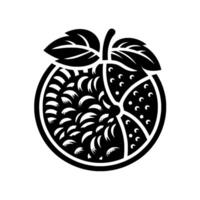 Intricate black and white stylized depiction of a sliced orange, with textured segments and leaf accents on a white background. vector
