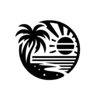 Stylized Black White Beach Scene Silhouette Palm Tree, Sun, Ocean, and Beach in a Circular Frame. vector