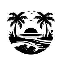 Black and white illustration of a tropical island scene at sunset, with palm trees, ocean waves, and birds in flight, inside of a circle. vector