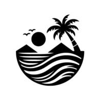 Black and white stylized illustration of a tropical island scene with palm tree, sun, waves, mountains, and birds within a semicircular frame. vector