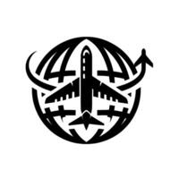 Symbolic Black White Aviation Airplane Centered on an Ornate Globe, Suggesting Global Flight Travel. vector