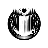 Monochromatic illustration of a waterfall cascading from a forestlined cliffside under a moonlit sky, encircled in a stylized round frame. vector