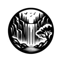 A minimalist, black and white, circular illustration depicting a cascading waterfall between rocky cliffs and trees, with birds soaring above. vector