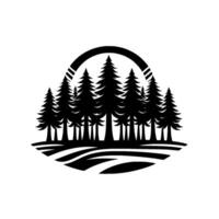 Stylized monochrome illustration of a forest scene within a circular arc, with a dense grouping of pine trees on a rolling landscape. vector