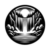 Black and white circular landscape illustration featuring a cascading waterfall, towering cliffs, and stylized trees with a layered sun. vector