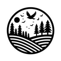 Black and White Circular Depicting a Forest Landscape with Trees, Rolling Hills, Flying Birds, and a Sun. vector