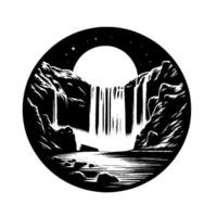 Black White Circular Illustration Waterfall Cascading Beneath Stars, Flanked by Rocky Cliffs, Mirroring in Calm Water vector