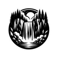 A stylized monochrome landscape within a circular frame a majestic waterfall cascades between rugged cliffs, framed by pine trees under a sunlit sky with birds. vector
