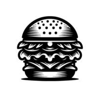 Intricate black and white burger illustration with detailed layers of ingredients, bun with dots, and stylized artwork. vector