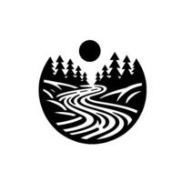 Serene Black and White Circular Silhouette of a Winding River, Pine Trees, Hills, and the Suns Disc within the Nature Circle. vector